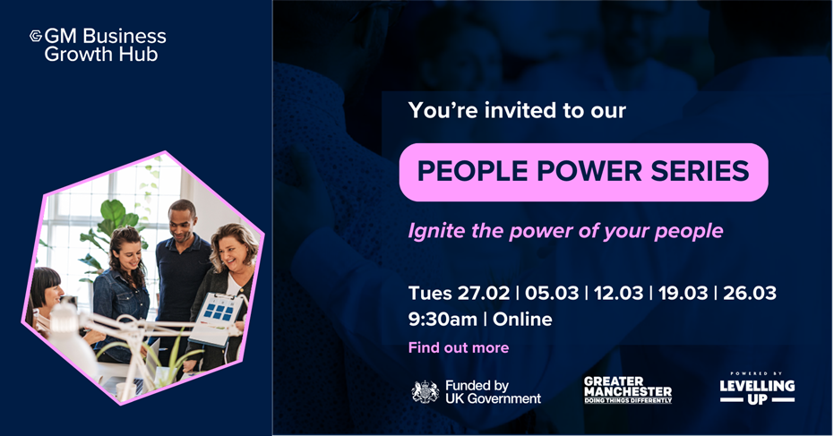 In the hexagon there is  a picture of people meeting. The text reads: You're invited to our People Power Series. Ignite the power of your people. Tues 27.02 / 05.03 / 19.03 / 26.03